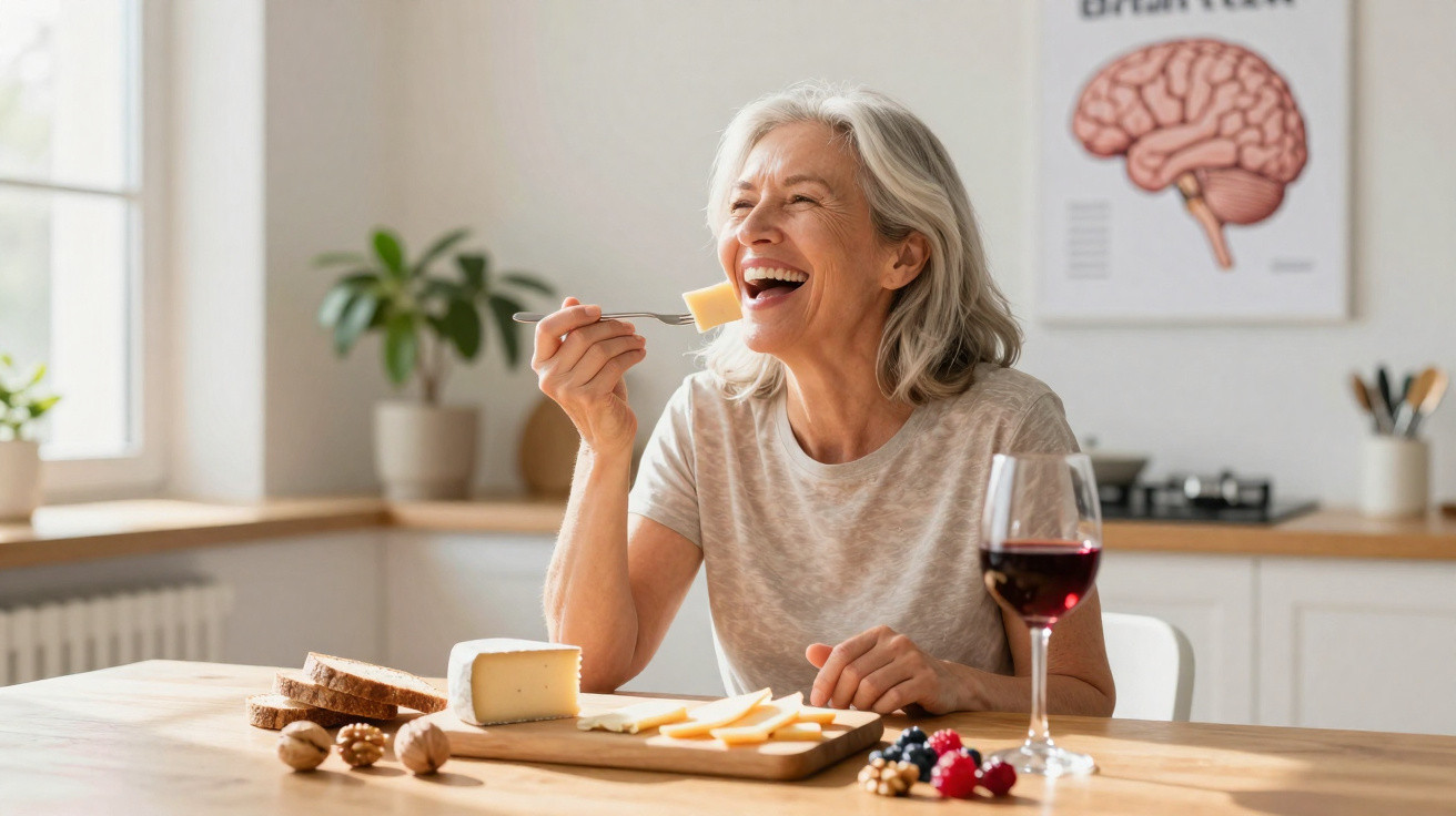 Mulher sorridente a comer queijo numa cozinha, com taça de vinho e frutos vermelhos na mesa.