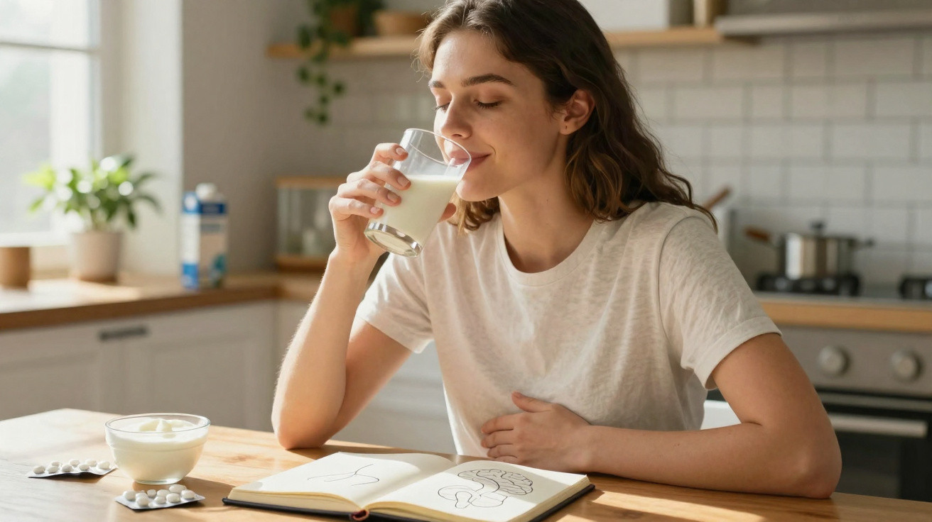 Mulher sentada a beber leite na cozinha com caderno aberto em mesa de madeira, sorrindo relaxada.