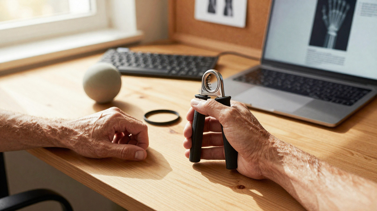 Mãos masculinas segurando um pegador de mão preto junto a uma secretária com computador portátil e teclado.