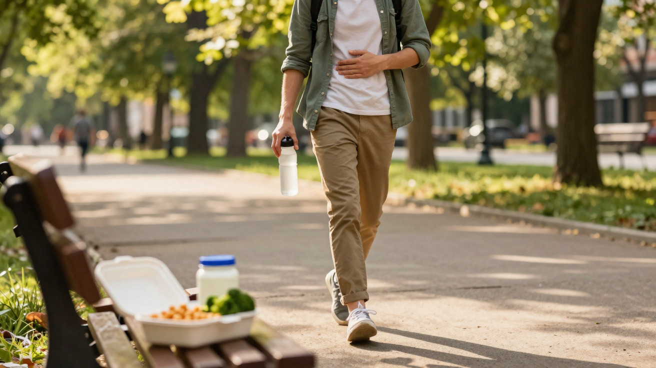 Pessoa a caminhar num parque com uma mão na barriga e garrafa de água na outra, próximo a um banco com comida.