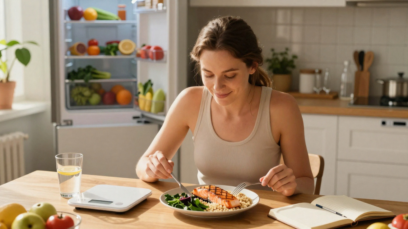 Mulher sorridente a comer salmão grelhado com legumes numa cozinha moderna e iluminada.