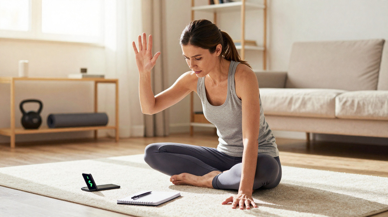 Mulher sentada no chão de casa a fazer exercício com aplicativo de fitness no telemóvel à sua frente.