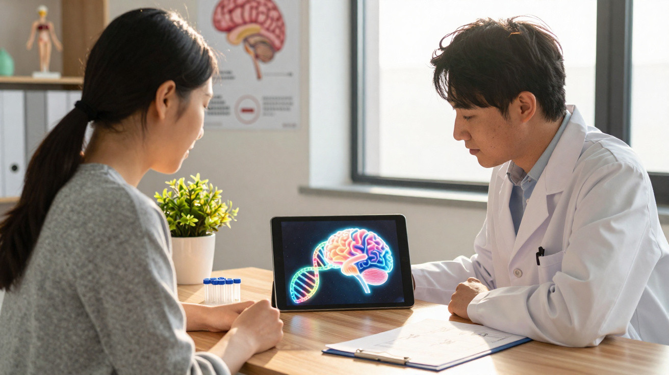 Médico e paciente a analisar no tablet uma imagem digital do cérebro e cadeia de ADN numa consulta médica.