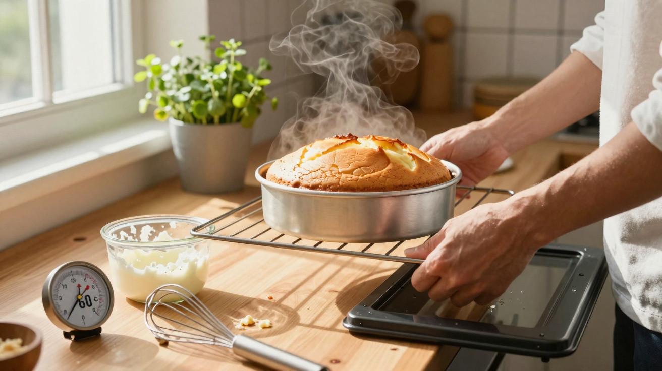 Pessoa a retirar bolo quente acabado de sair do forno numa cozinha iluminada pela luz do dia.