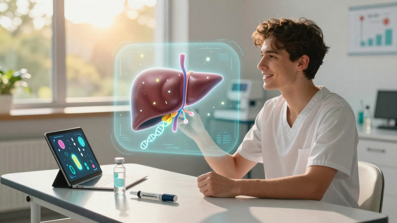 Jovem em ambiente clínico interage com holograma 3D do fígado ao lado de computador portátil.