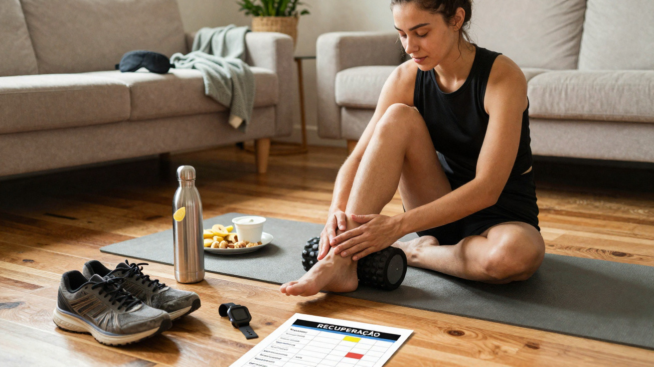 Mulher sentada no chão em tapete de yoga, a fazer recuperação muscular com rolo de espuma, junto a ténis e lanche.