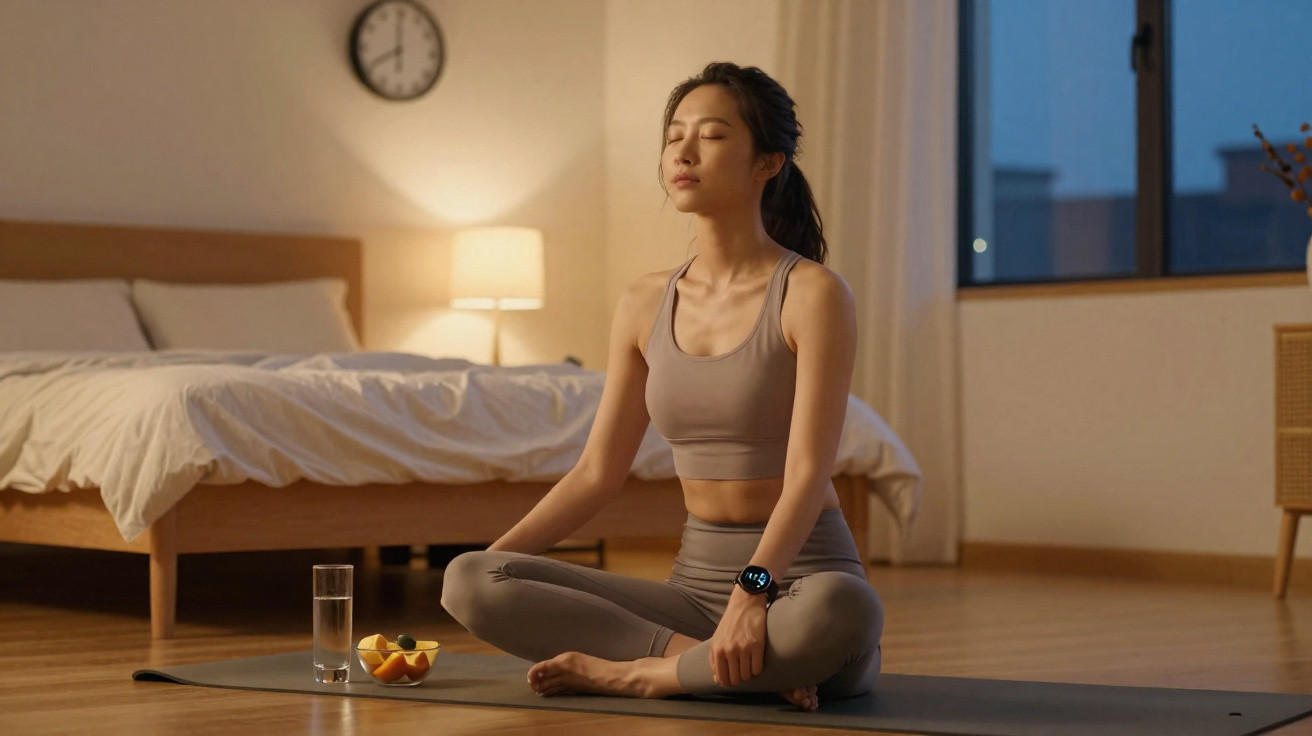 Mulher jovem a meditar sentada em posição de lótus num tapete dentro de um quarto à noite.