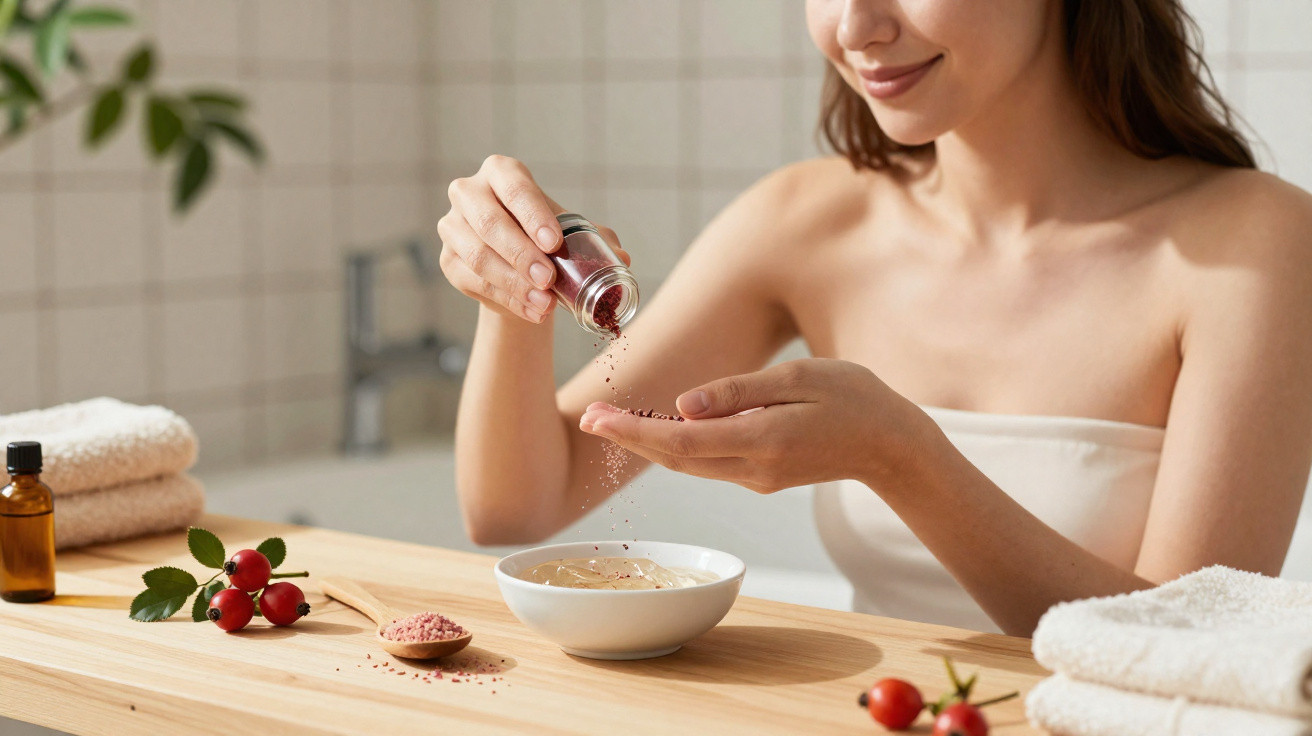 Mulher a preparar esfoliante caseiro com pó rosa e ingredientes naturais numa mesa de madeira.