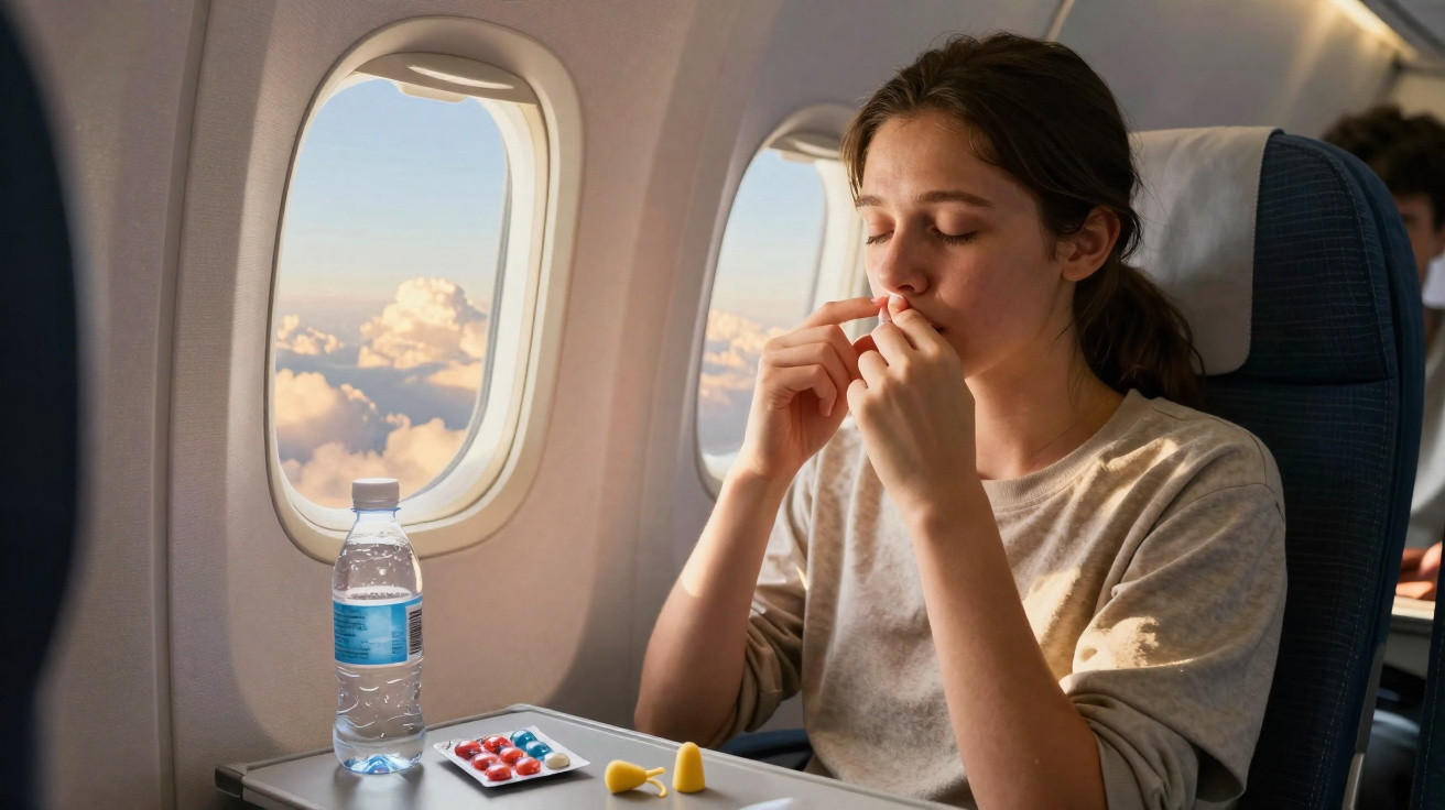 Mulher sentada em avião a colocar tampões para os ouvidos, com comprimidos e garrafa de água na mesa.