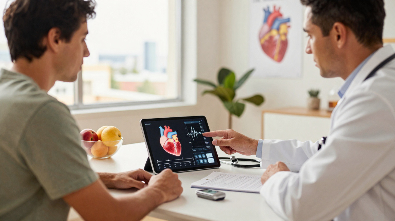 Médico explica a paciente resultados de ECG e imagem digital do coração numa consulta num consultório.