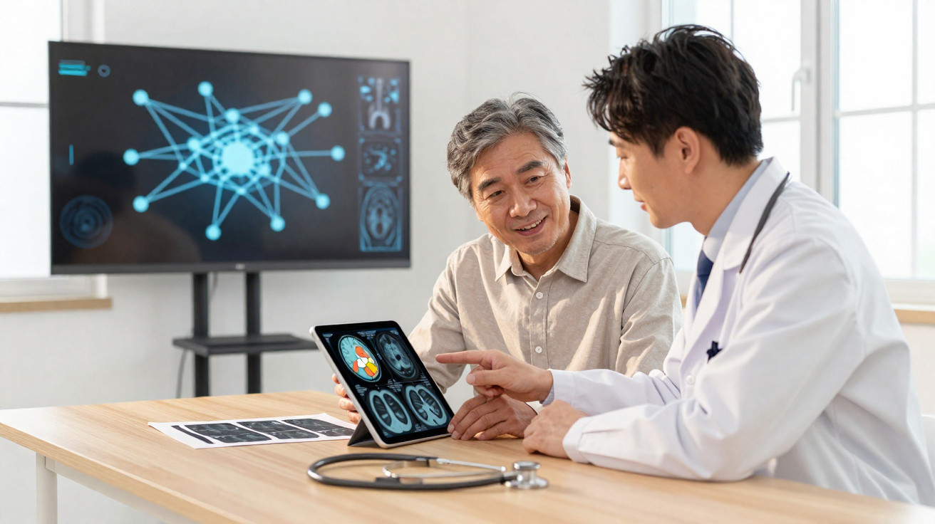 Médico explica exames cerebrais a paciente idoso usando um tablet numa consulta em ambiente clínico.