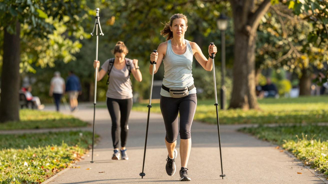 Duas mulheres a praticar caminhada com bastões num parque soalheiro com árvores e relva verde.