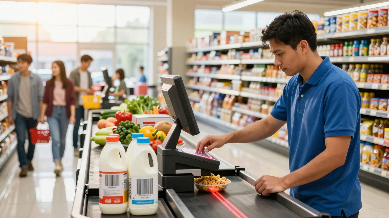Homem a trabalhar como caixa num supermercado a passar compras no leitor de código de barras.