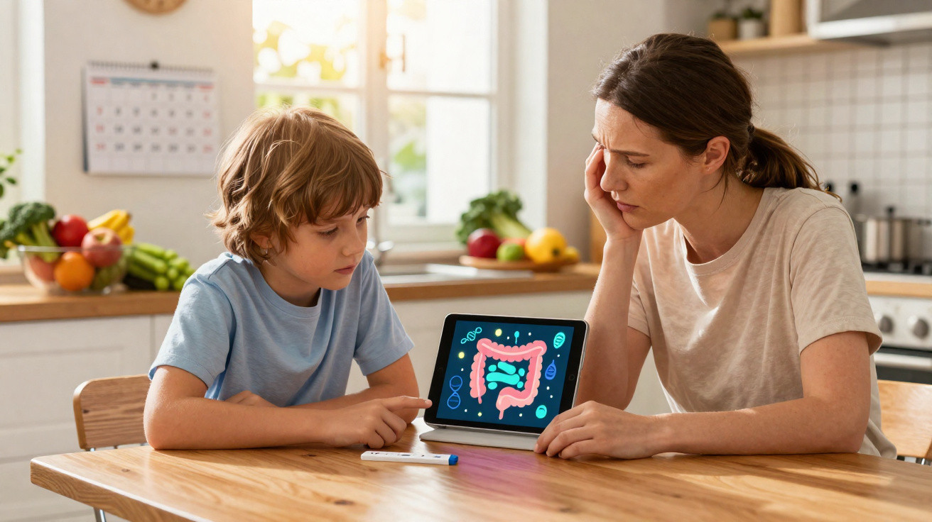 Criança e mulher sentados à mesa de cozinha a observar ilustração do intestino num tablet digital.