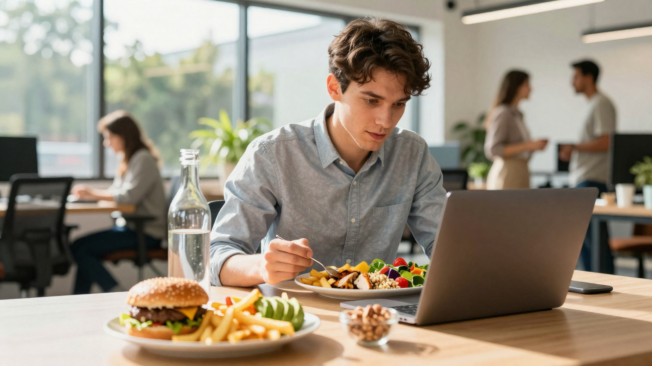Jovem a almoçar uma salada enquanto trabalha num portátil num ambiente de escritório moderno e luminoso.