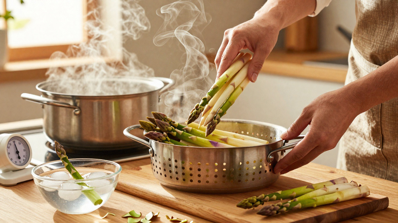 Pessoa a cozer espargos verdes e brancos numa cozinha luminosa com tacho a vapor e bacia com gelo.