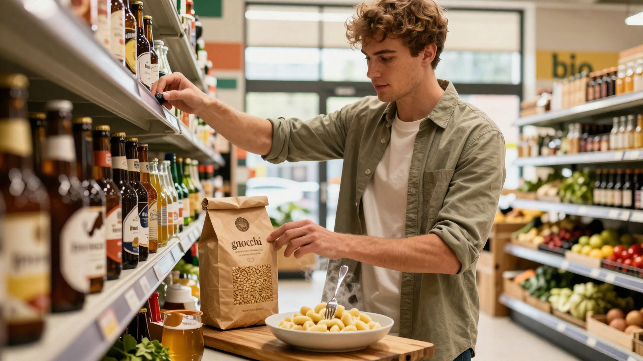 Homem a escolher bebida numa prateleira de supermercado, com prato de massa e pacote de gnocchi numa bancada.