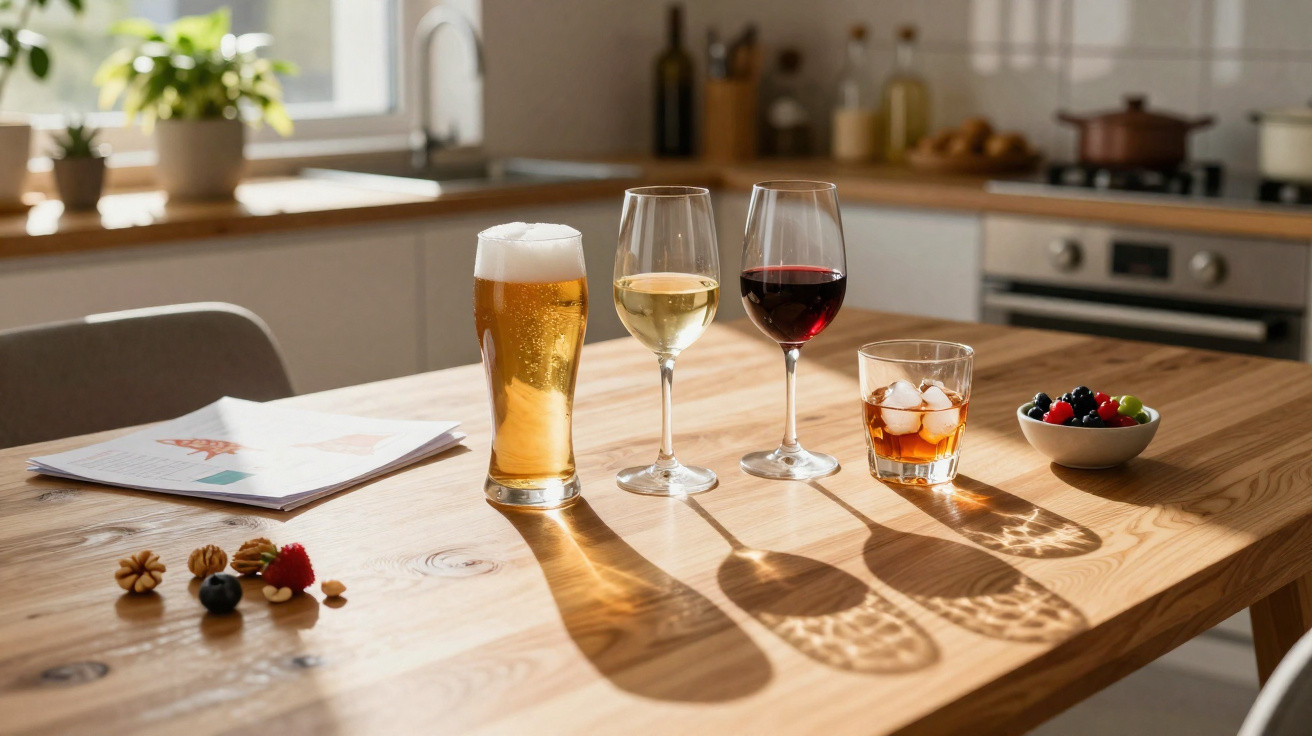 Mesa de cozinha com copo de cerveja, vinho branco, vinho tinto, whisky com gelo e taça de frutos vermelhos.
