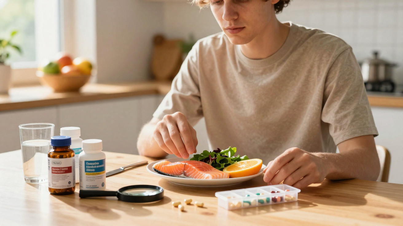 Pessoa a preparar uma refeição saudável com salmão, legumes, suplementes e comprimidos numa cozinha moderna.