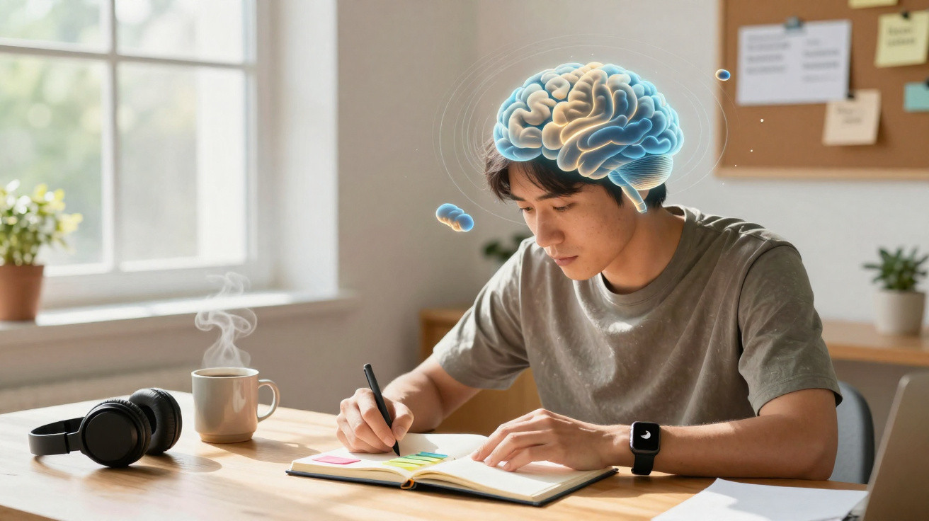 Homem jovem a estudar e escrever num caderno, com ilustração de cérebro a destacar concentração.