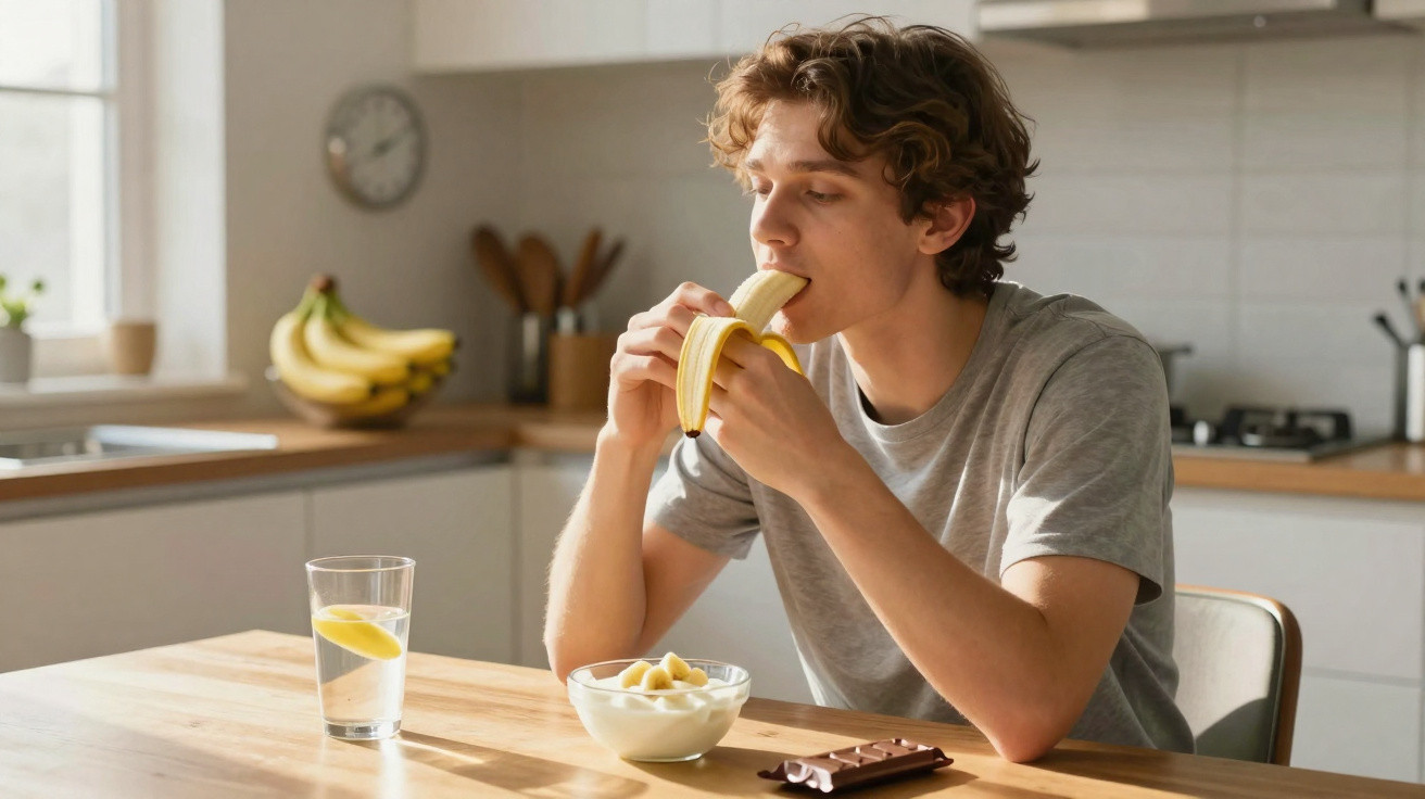 Jovem sentado à mesa na cozinha a comer uma banana, com tigela de iogurte e barra de chocolate.