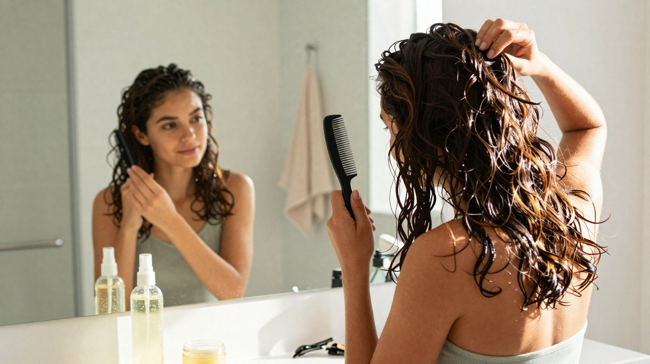 Mulher penteando cabelo molhado em casa à frente de espelho no quarto de banho, com produtos no lavatório.