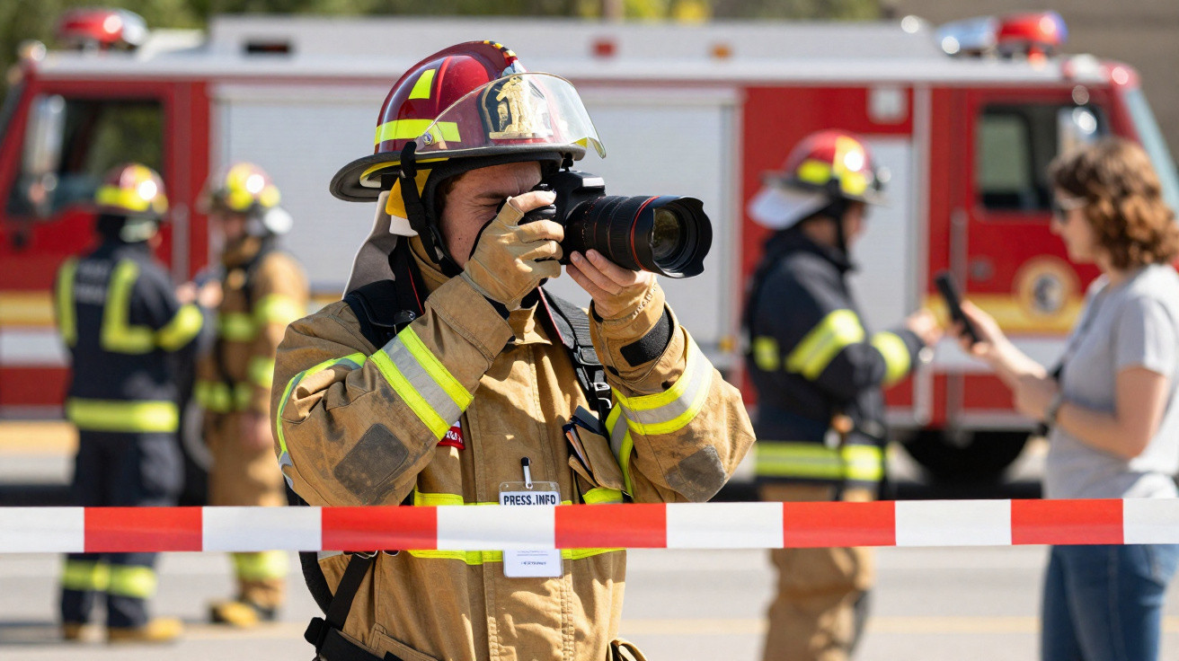 Bombeiro com equipamento completo a tirar fotografias junto a fita de segurança e carro de bombeiros ao fundo.