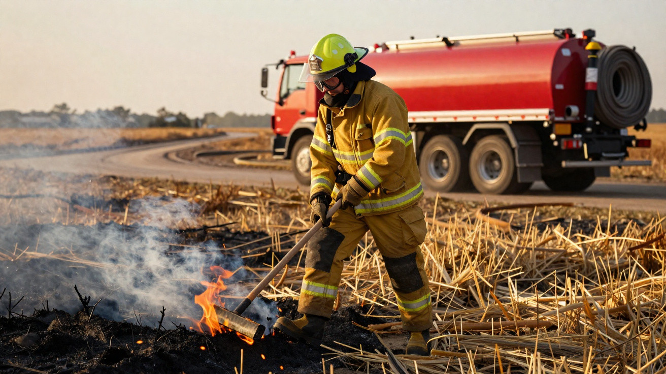 Bombeiro combate fogo em campo seco, com camião de água vermelho ao fundo, durante incêndio rural.