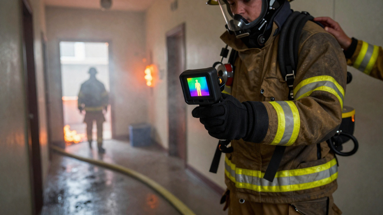 Bombeiros com equipamentos de proteção usam câmara térmica para localizar pessoas em corredor com fumo e fogo.