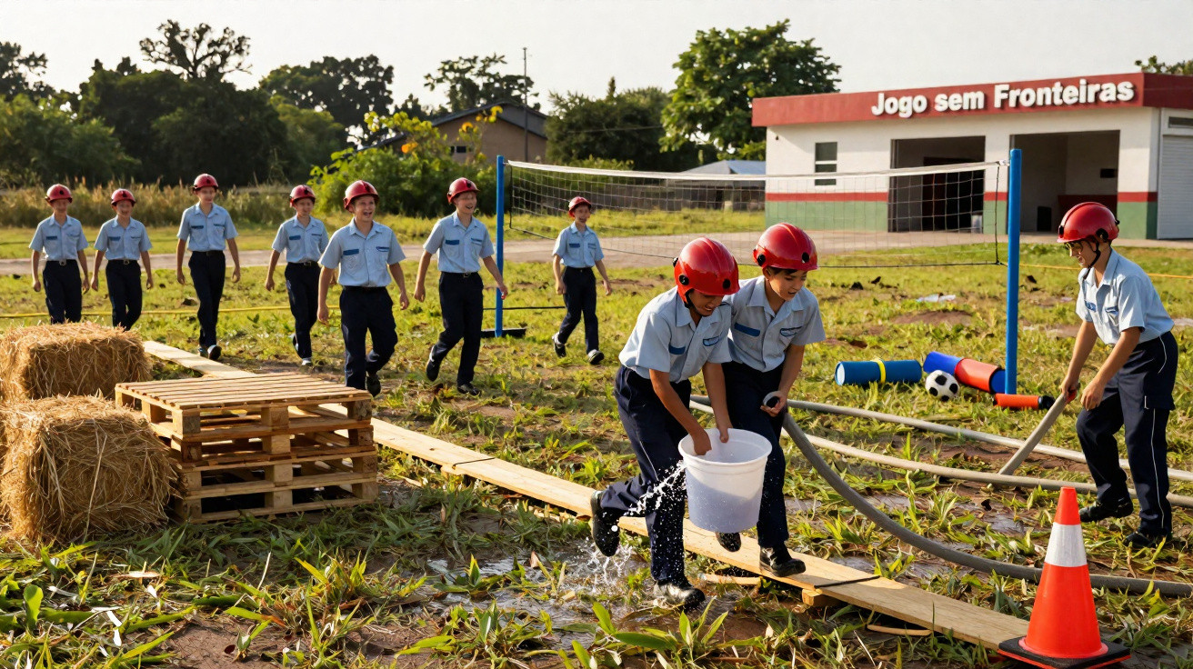 Crianças com capacetes vermelhos realizam atividade de bombeiros num campo verde com obstáculos e água.