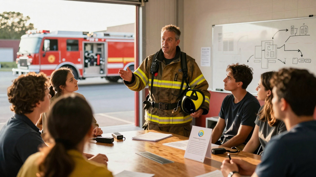 Bombeiro em uniforme a dar formação a grupo de jovens numa sala com quadro branco e camião de bombeiros ao fundo.