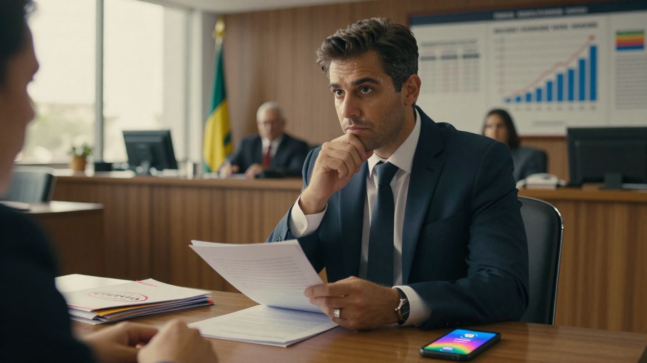Homens de negócios em reunião no escritório, um a tomar notas e outro a mostrar uma app no telemóvel.