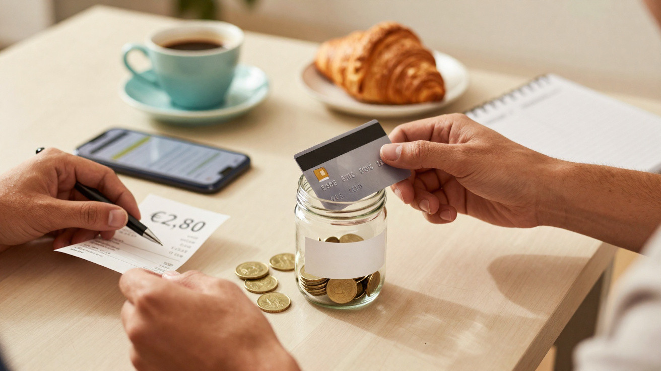 Pessoa a guardar moedas num mealheiro de vidro, com cartão, recibo, telemóvel e café numa mesa.