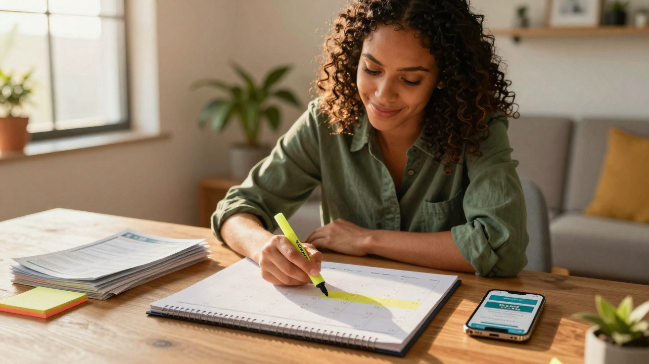 Mulher a marcar datas com marcador amarelo num calendário, com telemóvel e blocos de notas na mesa.