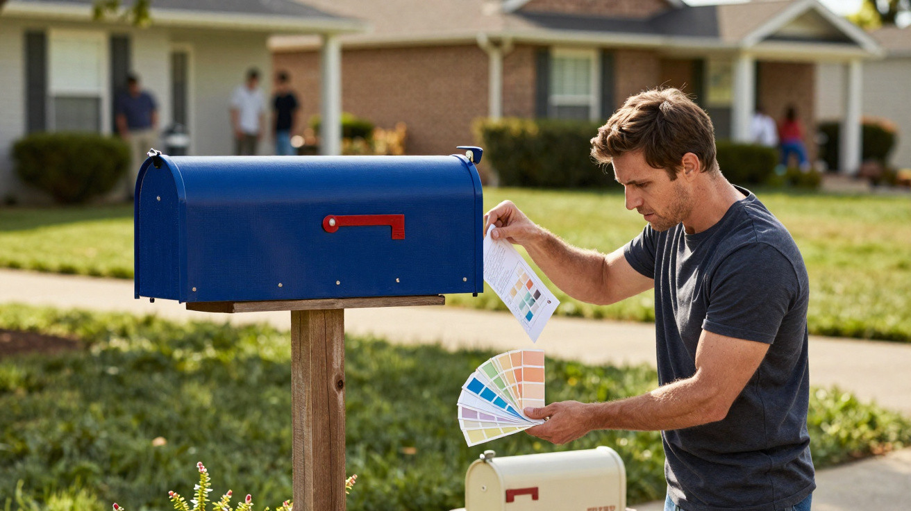 Homem sentado junto a caixa de correio azul, a ler carta com amostras de cores ao lado numa área residencial.