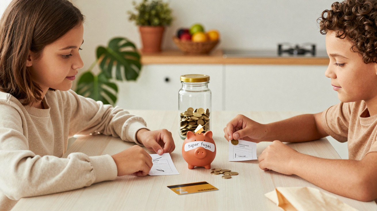 Mulher com duas crianças sentados à mesa a aprender sobre poupança e finanças com cofrinho e notas.