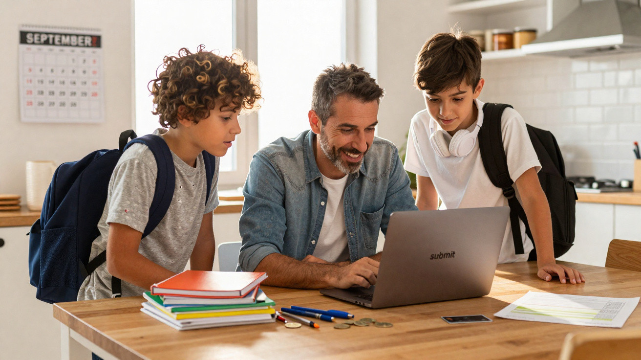 Pai e dois filhos com mochilas veem algo no portátil na cozinha com cadernos e calendário de setembro na mesa.