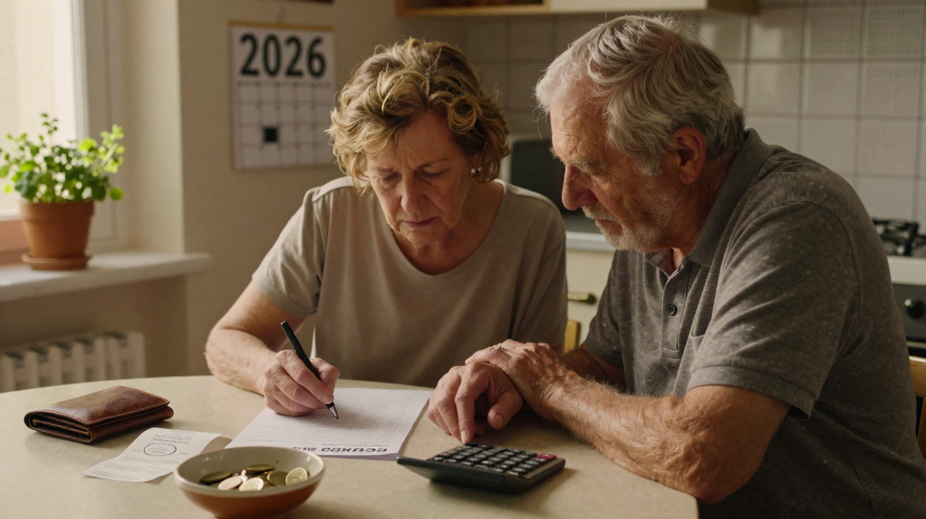 Casal idoso sentado à mesa a calcular contas com calculadora, moedas e documentos numa cozinha.
