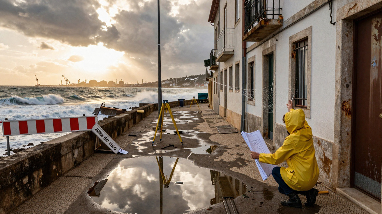 Pessoa com impermeável amarelo desenha numa parede à beira-mar com céu nublado e ondas agitadas.