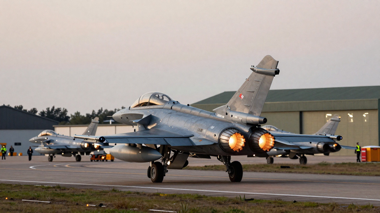 Caça militar a jato com pós-combustores ativos na pista de um aeródromo ao pôr do sol.