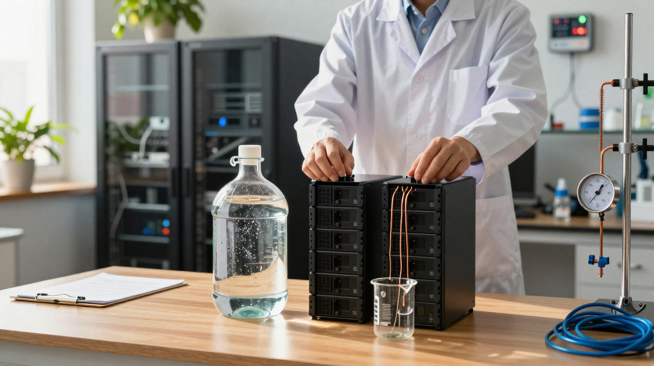 Cientista em laboratório com bata branca manipula garrafa grande com líquido transparente sobre a bancada.