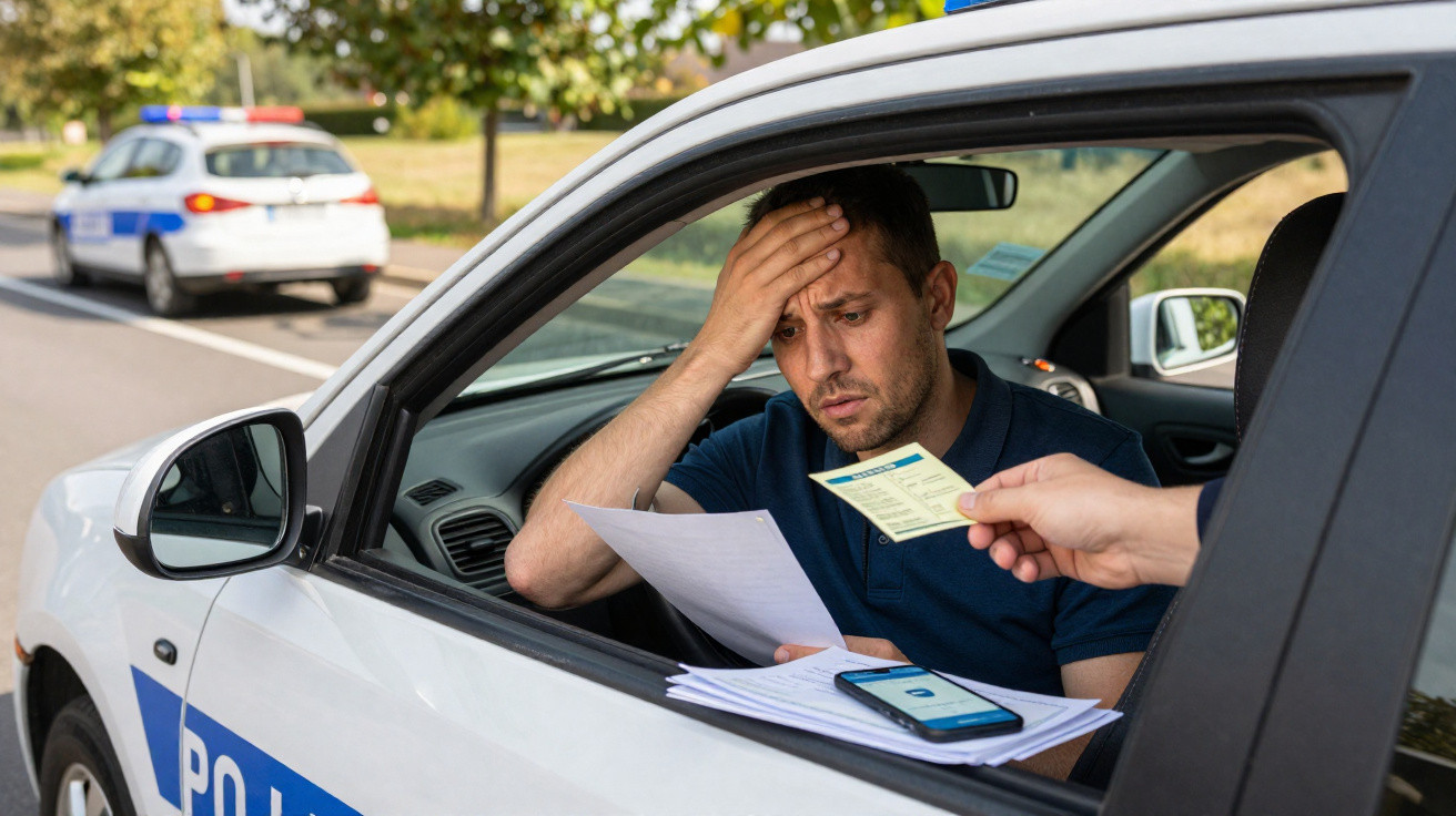 Homem preocupado mostra documentos e carta multado por polícia numa estrada com carro patrulha ao fundo.