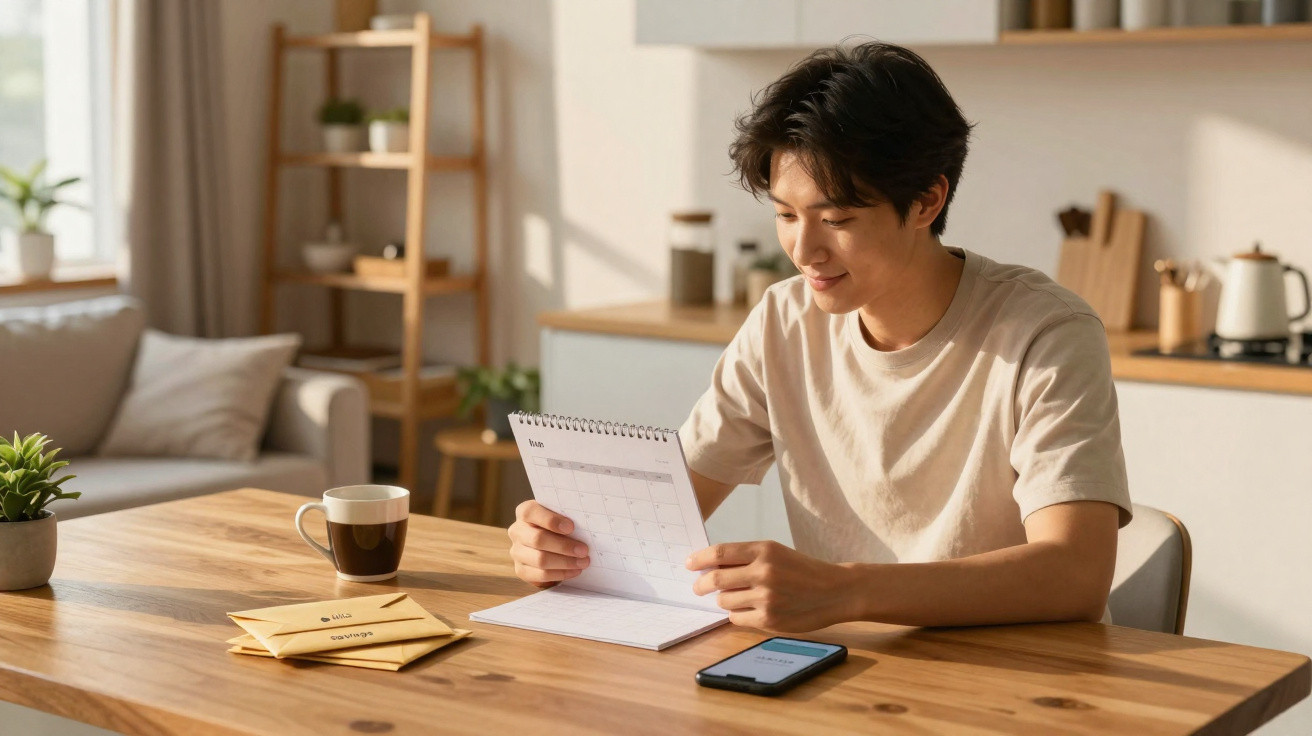 Jovem sentado à mesa a analisar calendário e a organizar envelopes com palavras e telemóvel à frente.