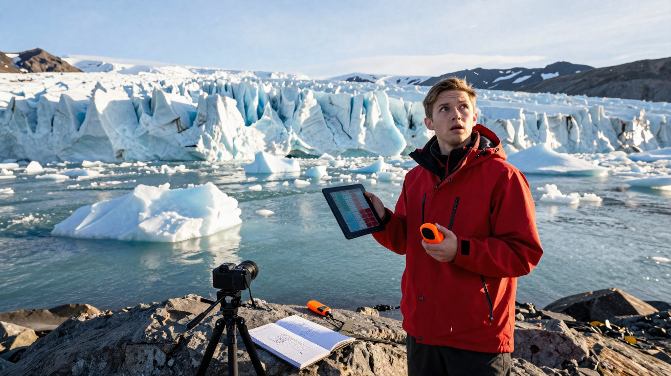 Pessoa com casaco vermelho e tablet junto a geleira e icebergues num lago gelado, equipamentos no chão.