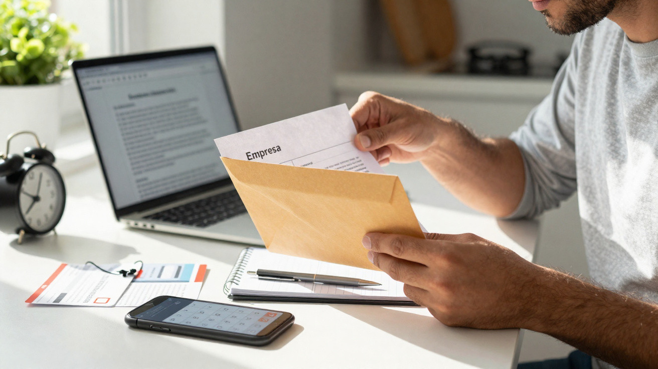 Pessoa a abrir envelope com documento intitulado "Empresa" numa secretária com portátil e telemóvel.
