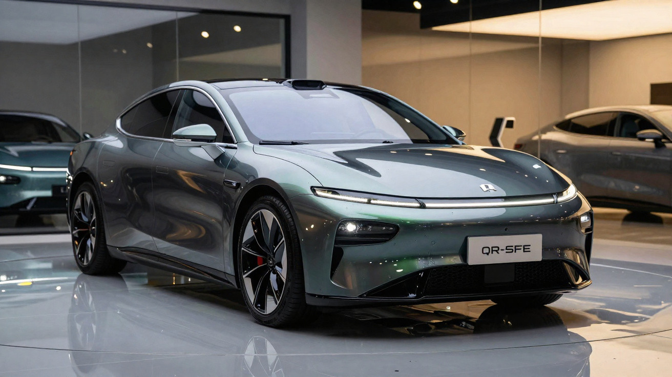 Carro elétrico cinza escuro com design futurista exposto em salão automóvel moderno.