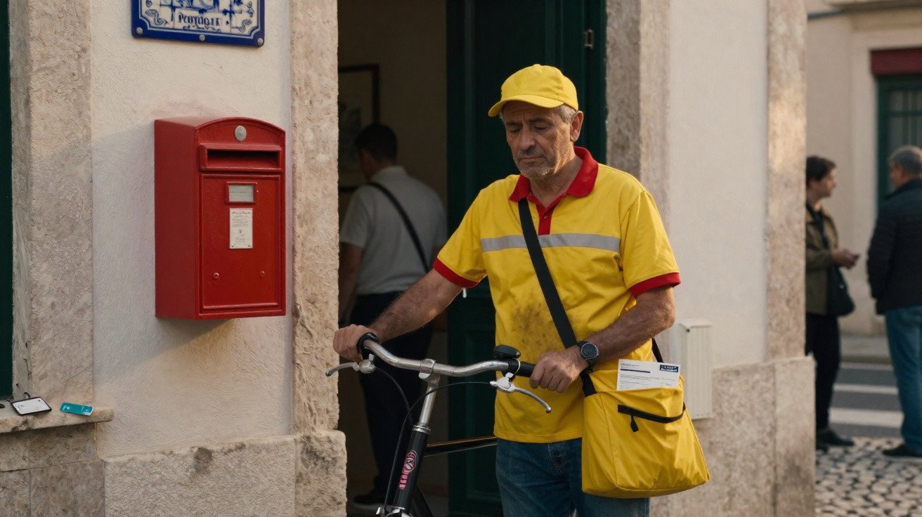 Carteiro com uniforme amarelo e vermelho com bicicleta e mala preta junto a caixa de correio vermelha.
