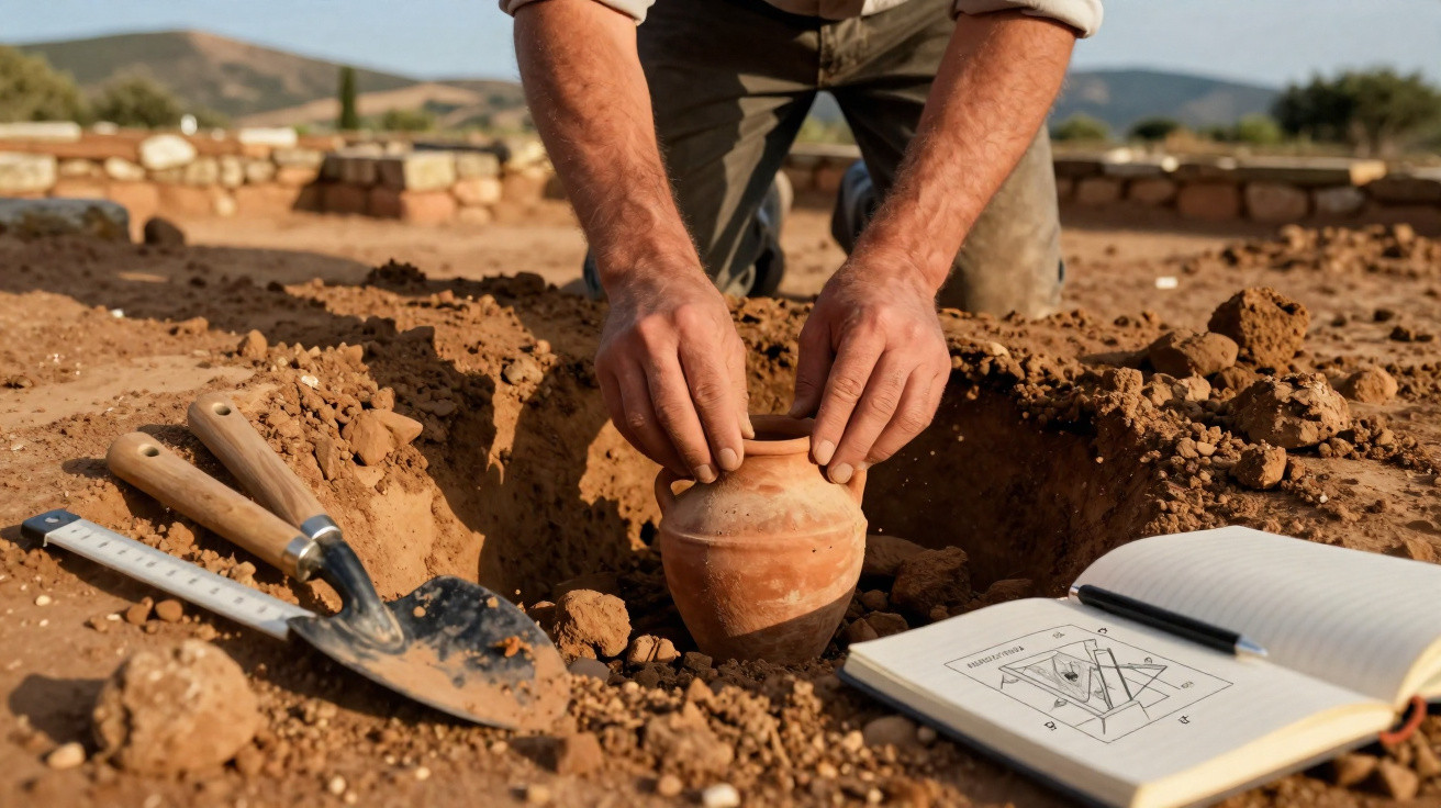 Mãos de arqueólogo a desenterrar jarro de barro com ferramentas e caderno de anotações ao lado.