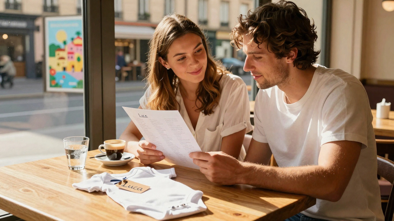 Casal jovem sentado num café a ler um papel com um conjunto de bebé e chávena de café na mesa.