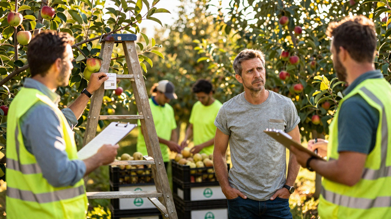 Agricultores com coletes refletivos a inspecionar e registar maçãs numa pomar durante a colheita.
